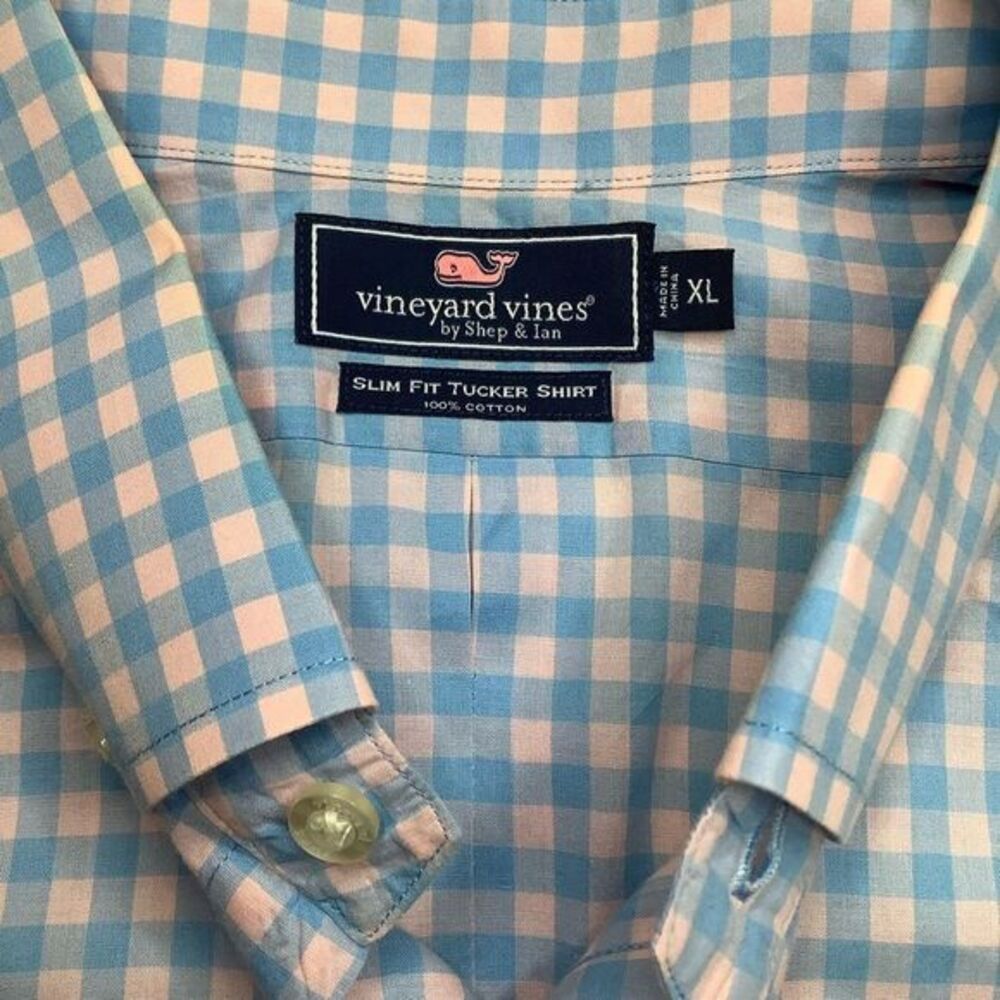 Vineyard Vines XL Slim Fit‎ Tucker Shirt Blue Pink Check Plaid Whale Logo - Picture 2 of 6